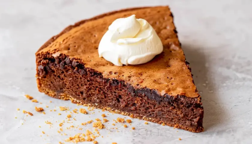 En bit chokladkaka med vispgrädde, perfekt för den som vill baka med proteinpulver för en nyttigare dessert.