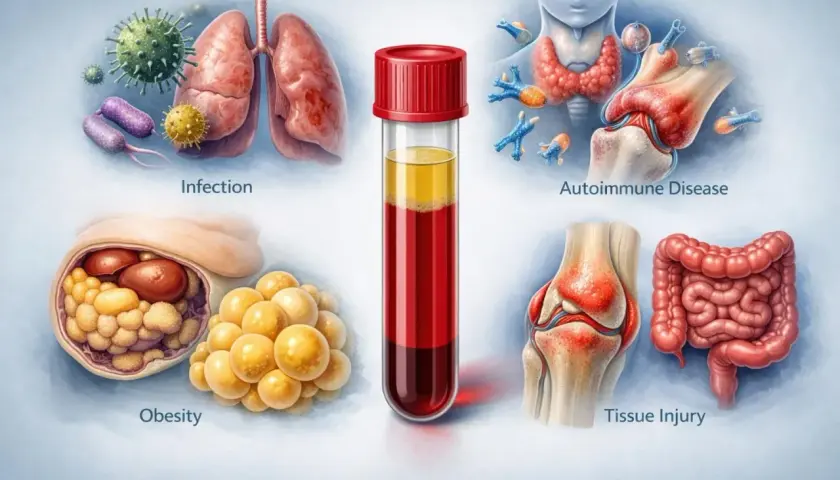 Bilden visar orsaker till kronisk inflammation i kroppen: infektioner, autoimmuna sjukdomar, fetma, vävnadsskada, samt ett provrör med blod.