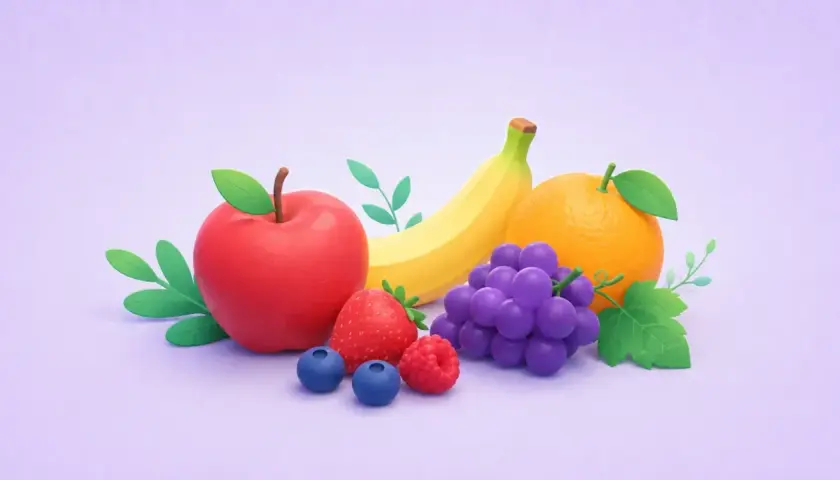 En illustration med en röd äpple, banan, apelsin, vindruvor, jordgubbe, hallon och blåbär. Frukterna ser ut att vara fulla av naturlig socker i frukt.