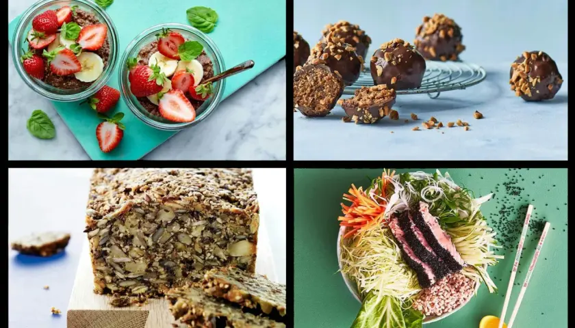 Frukostskålar med bär, chokladbollar, ett grovt bröd och en sallad. En perfekt antiinflammatorisk frukost för en hälsosam start.