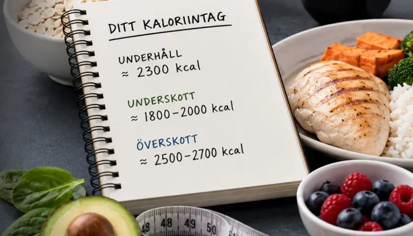 Anteckningsbok visar ditt kaloriintag: underhåll ca 2300 kcal, underskott 1800-2000 kcal, överskott 2500-2700 kcal. Bredvid finns mat och måttband.