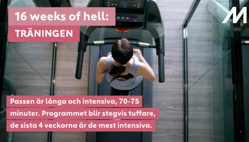 Kvinna springer på löpband under "16 weeks of hell" träningsprogram. Passen är långa och intensiva.