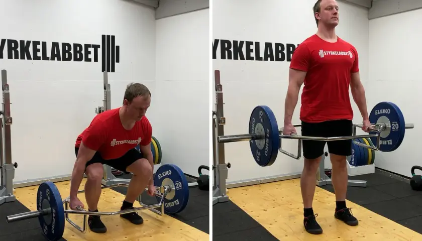Man utför trapbar marklyft. Bilden visar övningen i start- och toppläget.