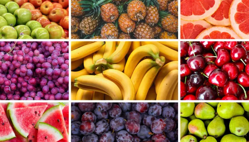 En collage av olika frukter, inklusive äpplen, ananas, grapefrukt, vindruvor, bananer, körsbär, vattenmelon och plommon. En fest för ögat och en källa till nyttigaste frukten.