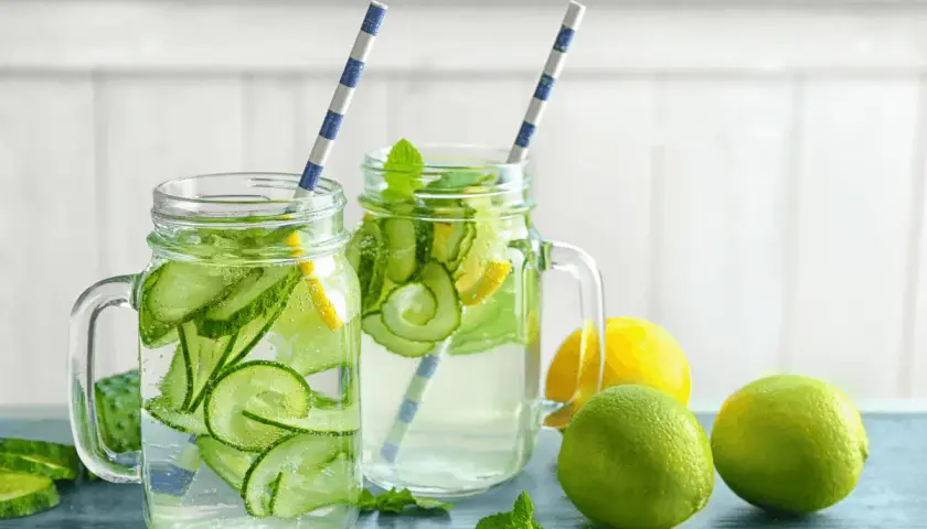Två glas med gurka- och citronvatten, med citronvatten nackdelar i åtanke.