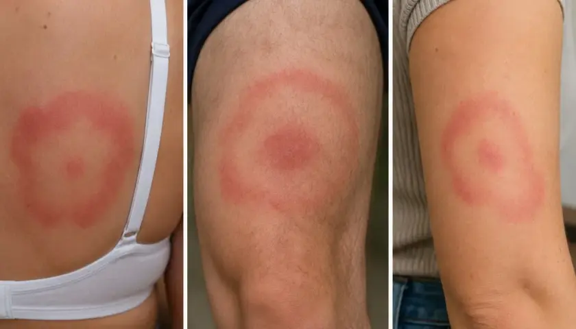 Tre bilder visar hudutslag med rodnad och ringformade mönster, typiska inflammation symtom.