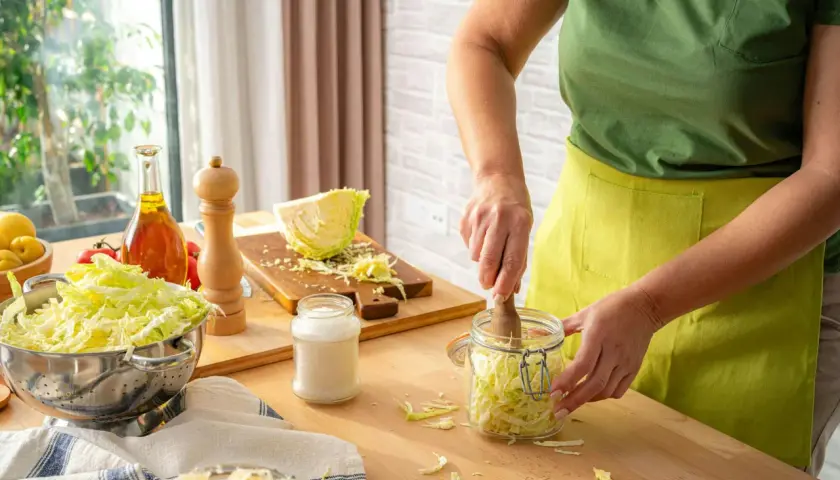 Person in green shirt and yellow apron packing shredded cabbage into a glass jar with a wooden tamper.