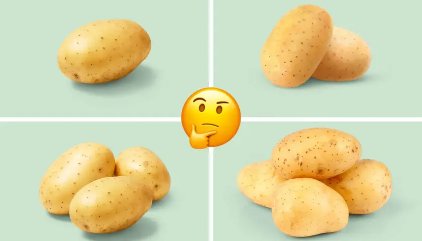 En tankfull emoji funderar över hur mycket potatis per person som behövs. Bilden visar en, två, tre och fyra potatisar i olika sektioner.
