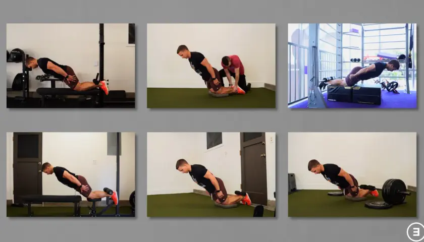 Man utför nordic hamstring curl på olika sätt, med eller utan assistans, för att stärka baksida lår.