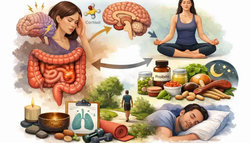 Stress, ibs mage, och sömn påverkar varandra. Yoga, probiotika och träning kan hjälpa.