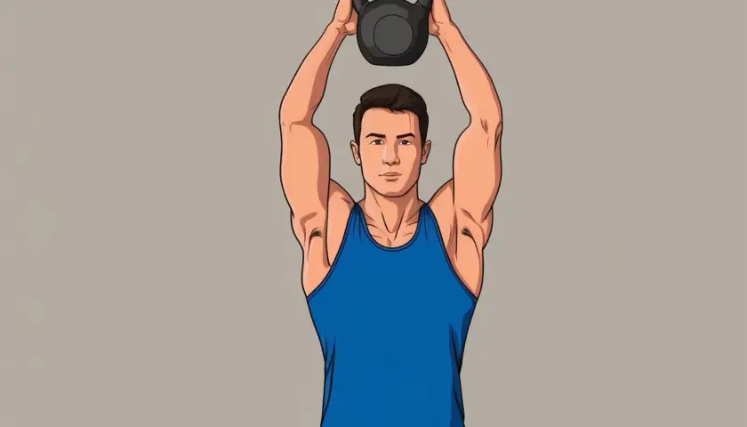Man utför en kettlebell snatch med en kettlebell över huvudet.