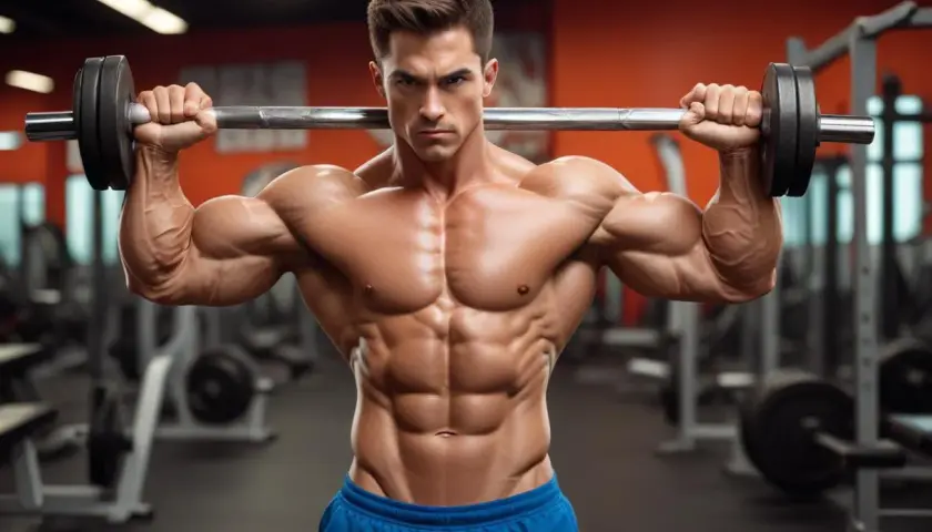 Muskulös man med imponerande snygga armar på 4 veckor lyfter skivstång i gym.