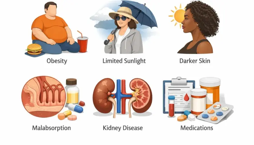 Illustrationer visar orsaker till d-vitaminbrist: fetma, lite solljus, mörk hud, malabsorption, njursjukdom och mediciner.