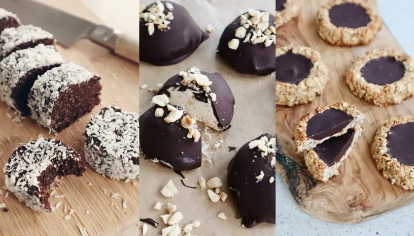 Tre sorters glutenfria godsaker: chokladbollar med kokos, chokladöverdragna bitar med nötter och havrekakor med chokladfyllning.