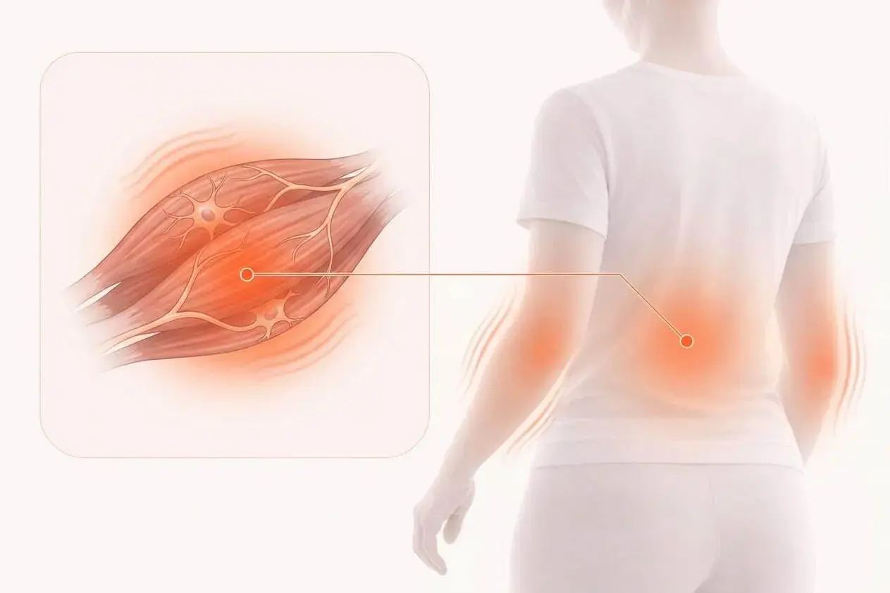Illustration visar inre vibrationer i kroppen som kan orsakas av stress, med fokus på muskler och nerver i ryggen.