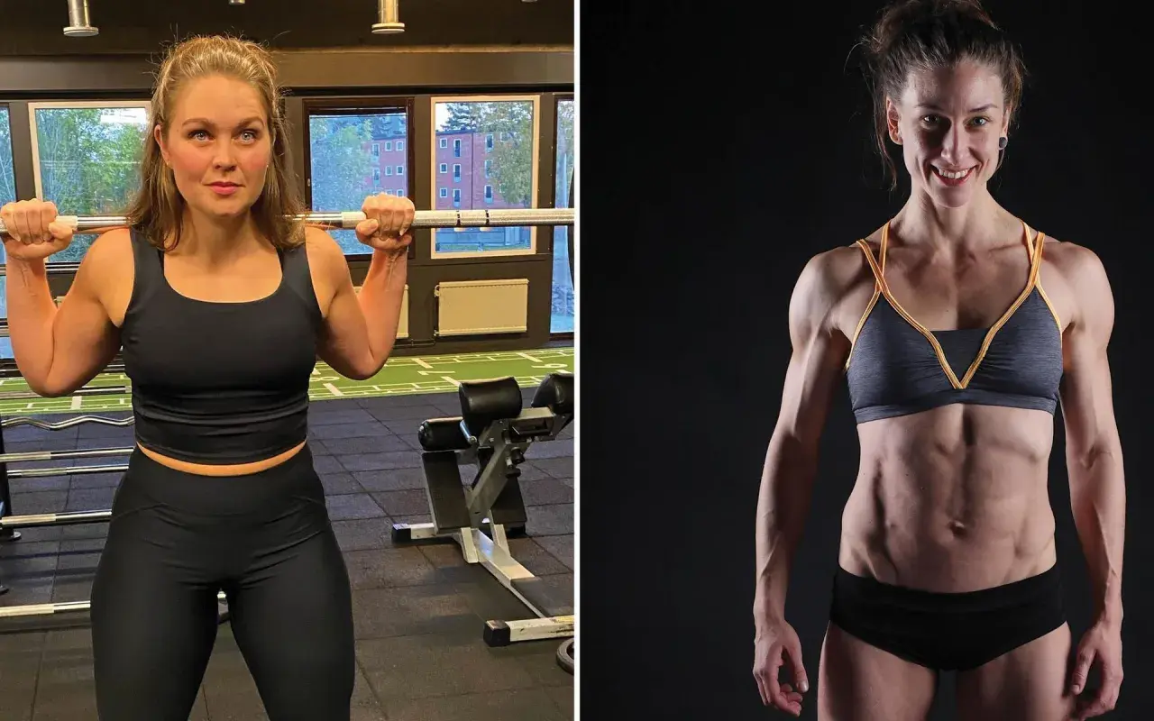 Två kvinnor visar upp sina imponerande muskler i kroppen. Den ena lyfter skivstång i ett gym, den andra poserar med synliga magmuskler.