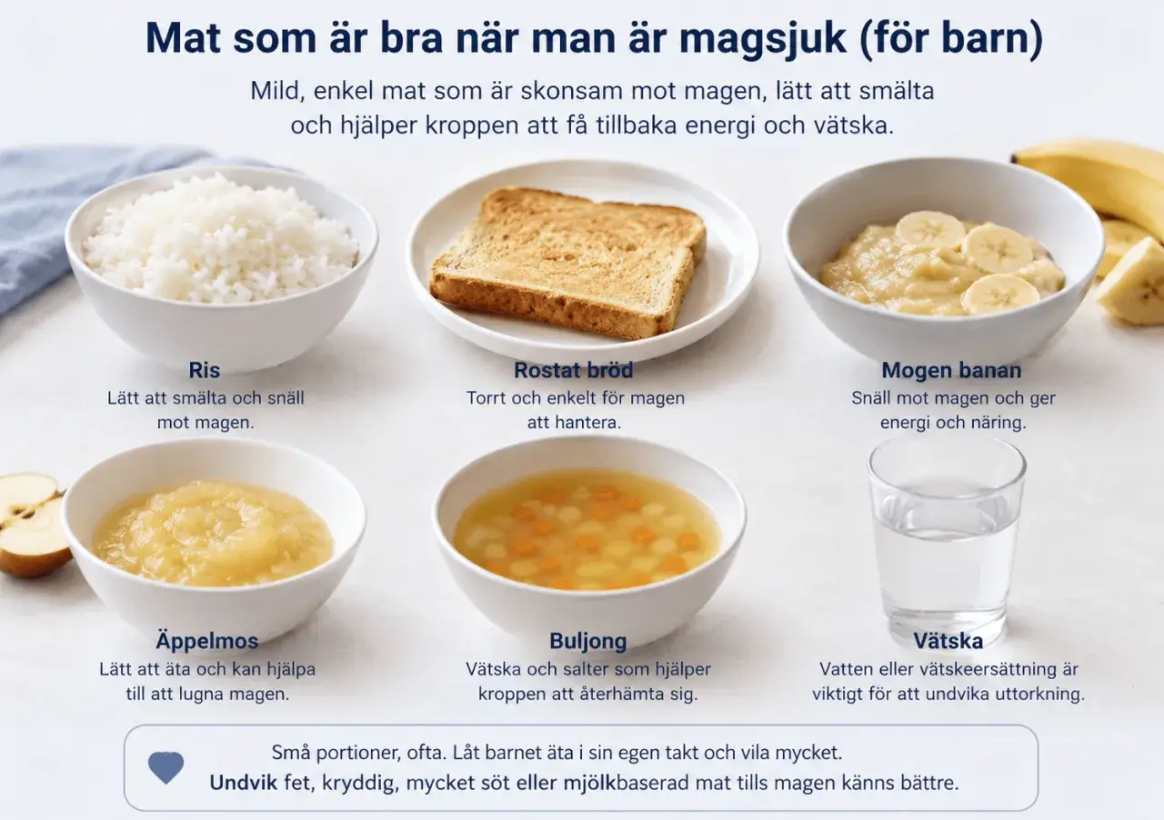 Bilden visar skonsam mat efter magsjuka: ris, rostat bröd, banan, äppelmos, buljong och vätska. Perfekt mat för att återhämta sig.