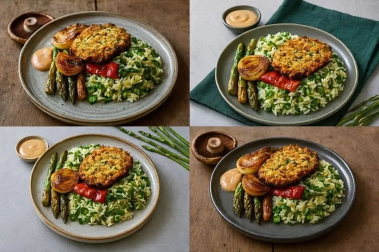 En tallrik med glutenfri mat: en krispig biff, ris med gröna ärtor, sparris, grillad lök och en klick sås.