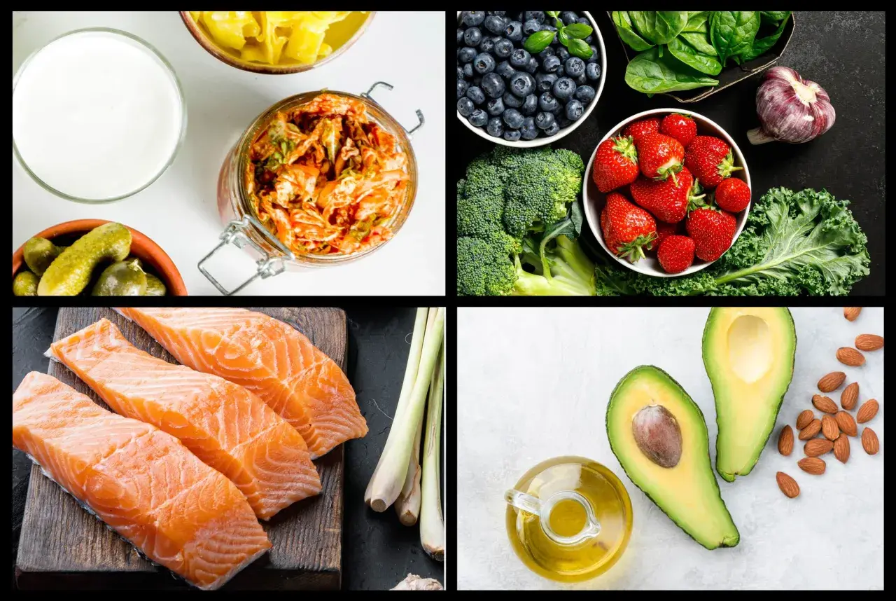 Mat för att bli av med inflammation i kroppen: lax, bär, grönsaker, fermenterad mat och hälsosamma fetter som avokado och olivolja.
