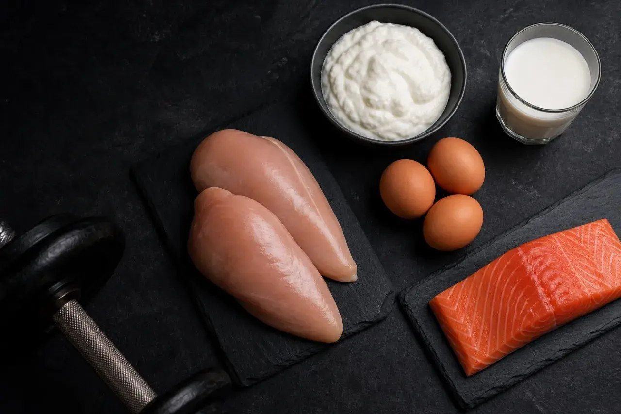 Hantel, kycklingfiléer, laxfilé, ägg, yoghurt och mjölk – en måltid för att maximera protein per kg.