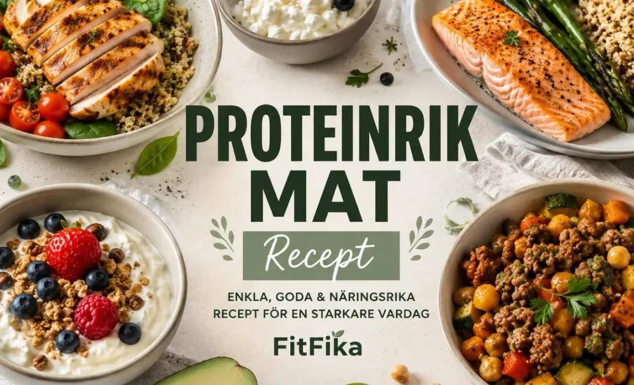 Proteinrik mat recept för en starkare vardag. Bilden visar kyckling, lax, kvarg och en köttfärsröra.