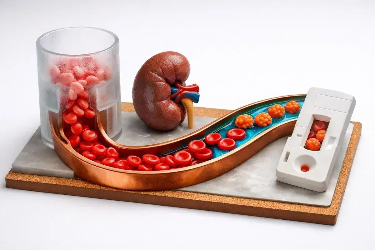 Modell av njure och blodkärl visar röda blodkroppar och orangea klumpar, en möjlig prediabetes symptom.