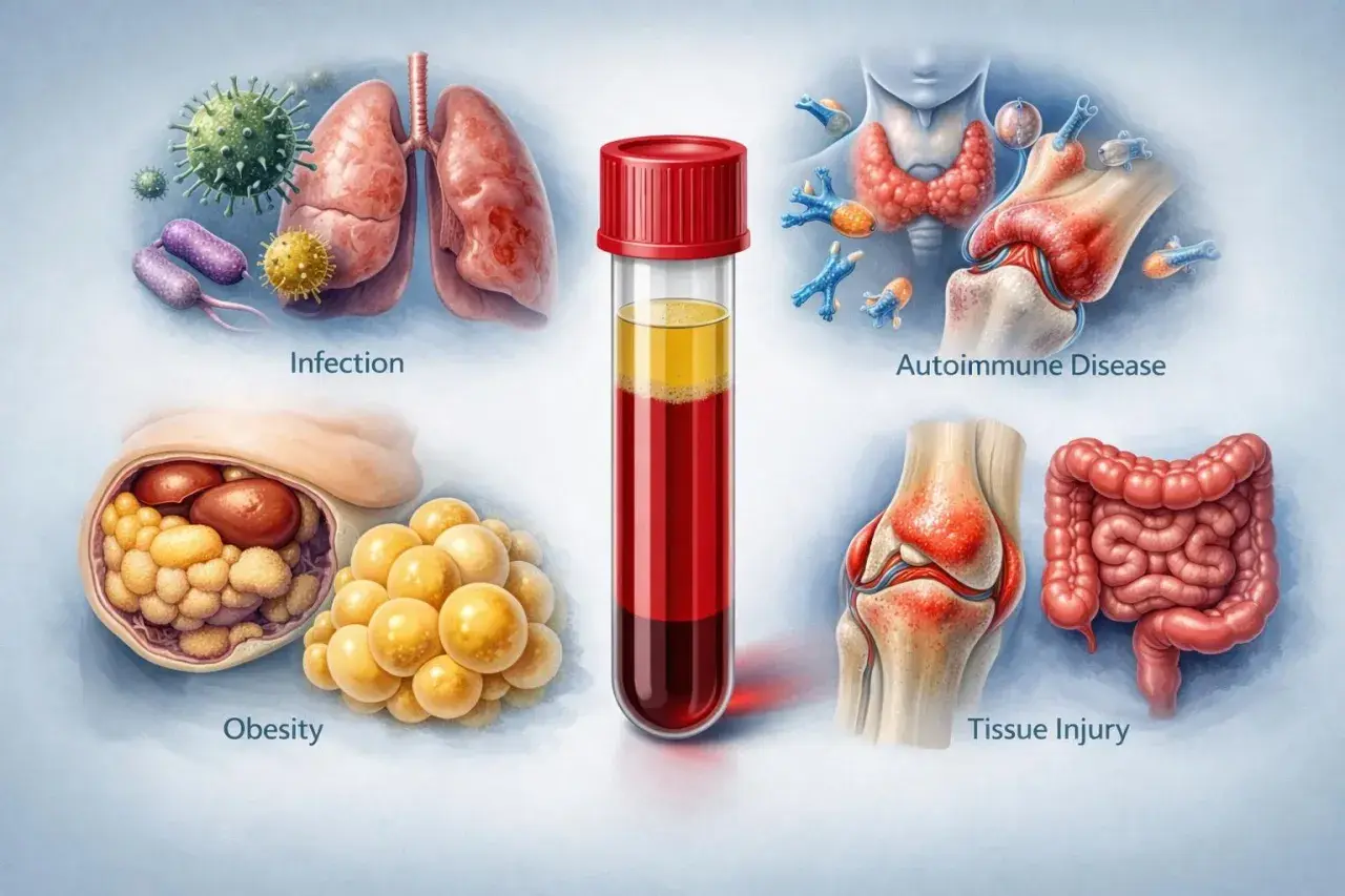 Bilden visar orsaker till kronisk inflammation i kroppen: infektioner, autoimmuna sjukdomar, fetma, vävnadsskada, samt ett provrör med blod.