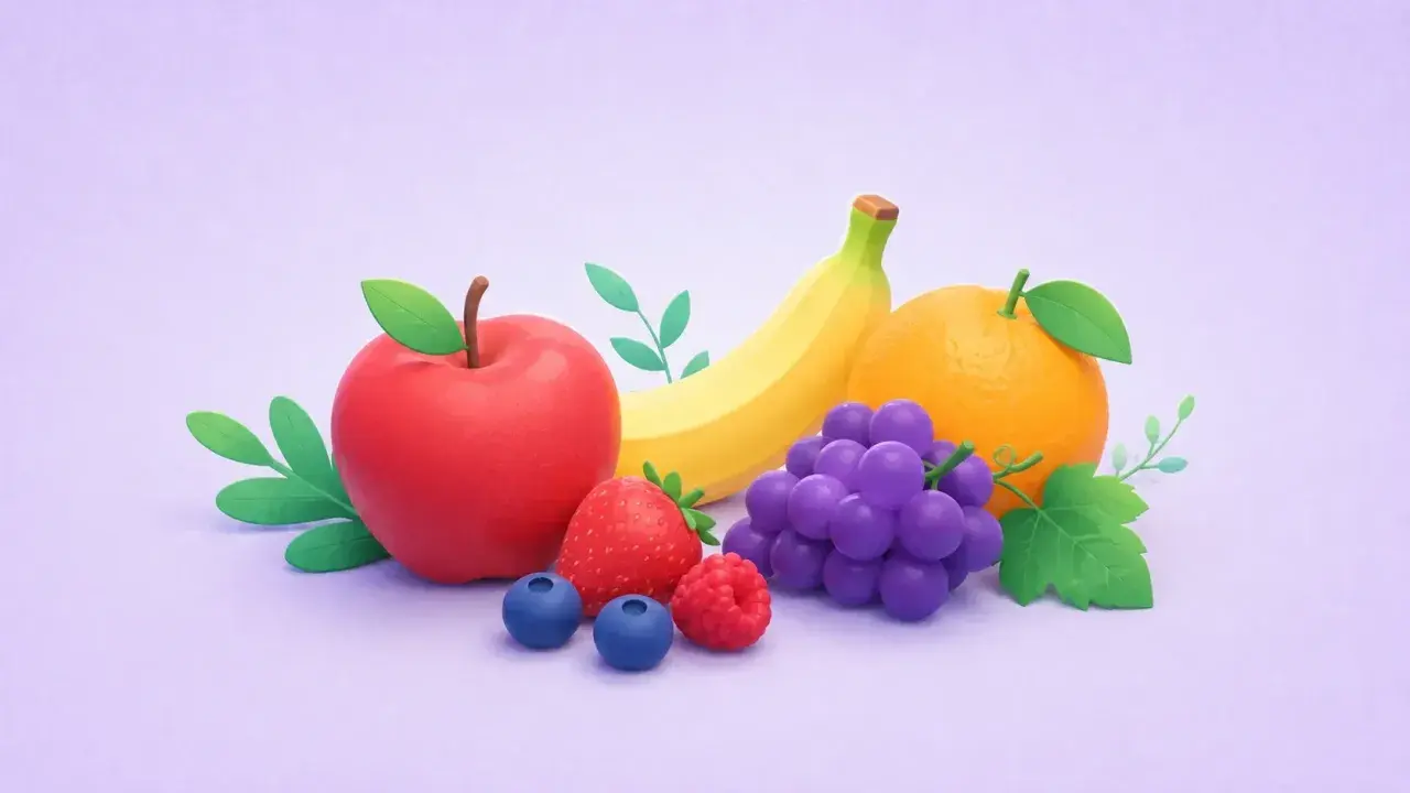 En illustration med en röd äpple, banan, apelsin, vindruvor, jordgubbe, hallon och blåbär. Frukterna ser ut att vara fulla av naturlig socker i frukt.