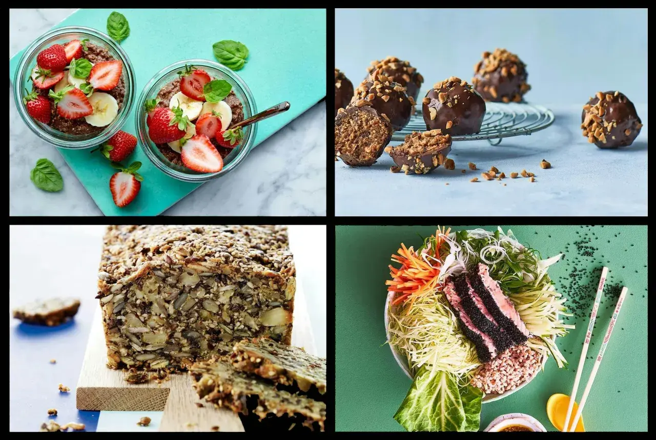 Frukostskålar med bär, chokladbollar, ett grovt bröd och en sallad. En perfekt antiinflammatorisk frukost för en hälsosam start.
