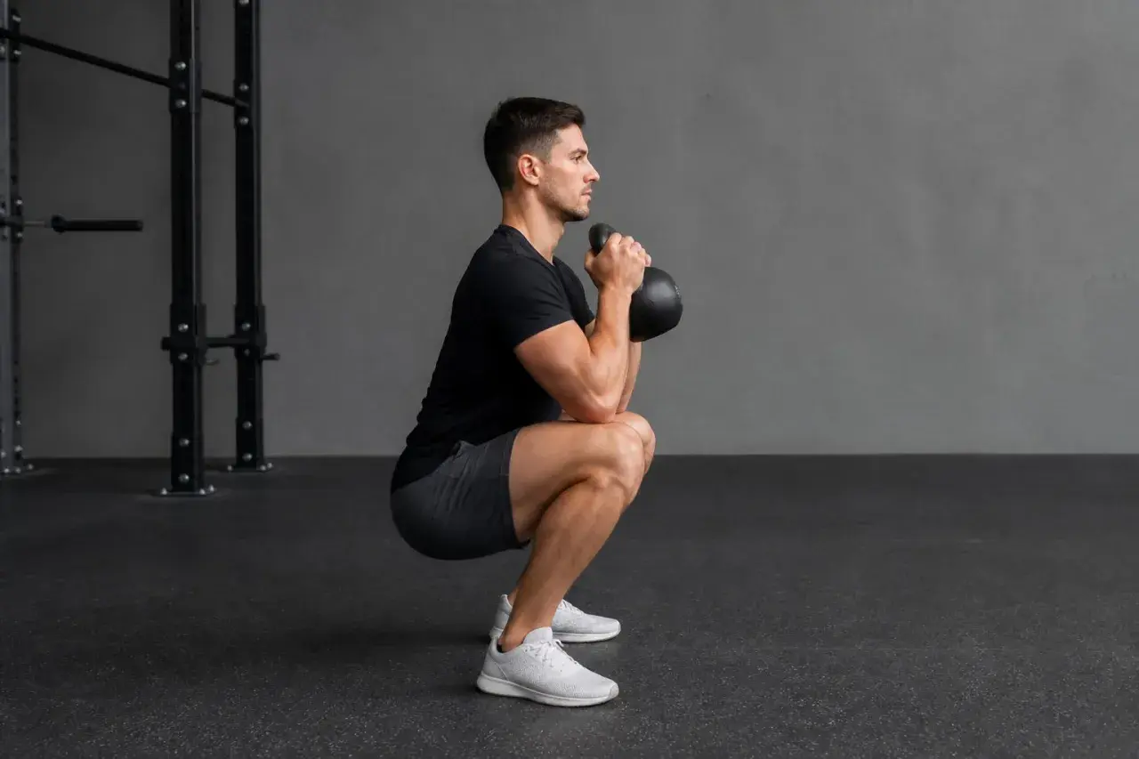 Man utför en goblet squat med en kettlebell framför bröstet i ett gym.