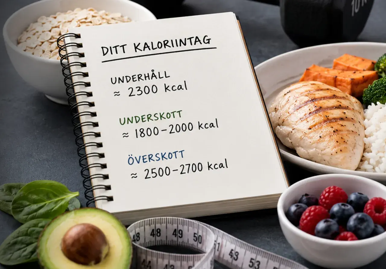 Anteckningsbok visar ditt kaloriintag: underhåll ca 2300 kcal, underskott 1800-2000 kcal, överskott 2500-2700 kcal. Bredvid finns mat och måttband.