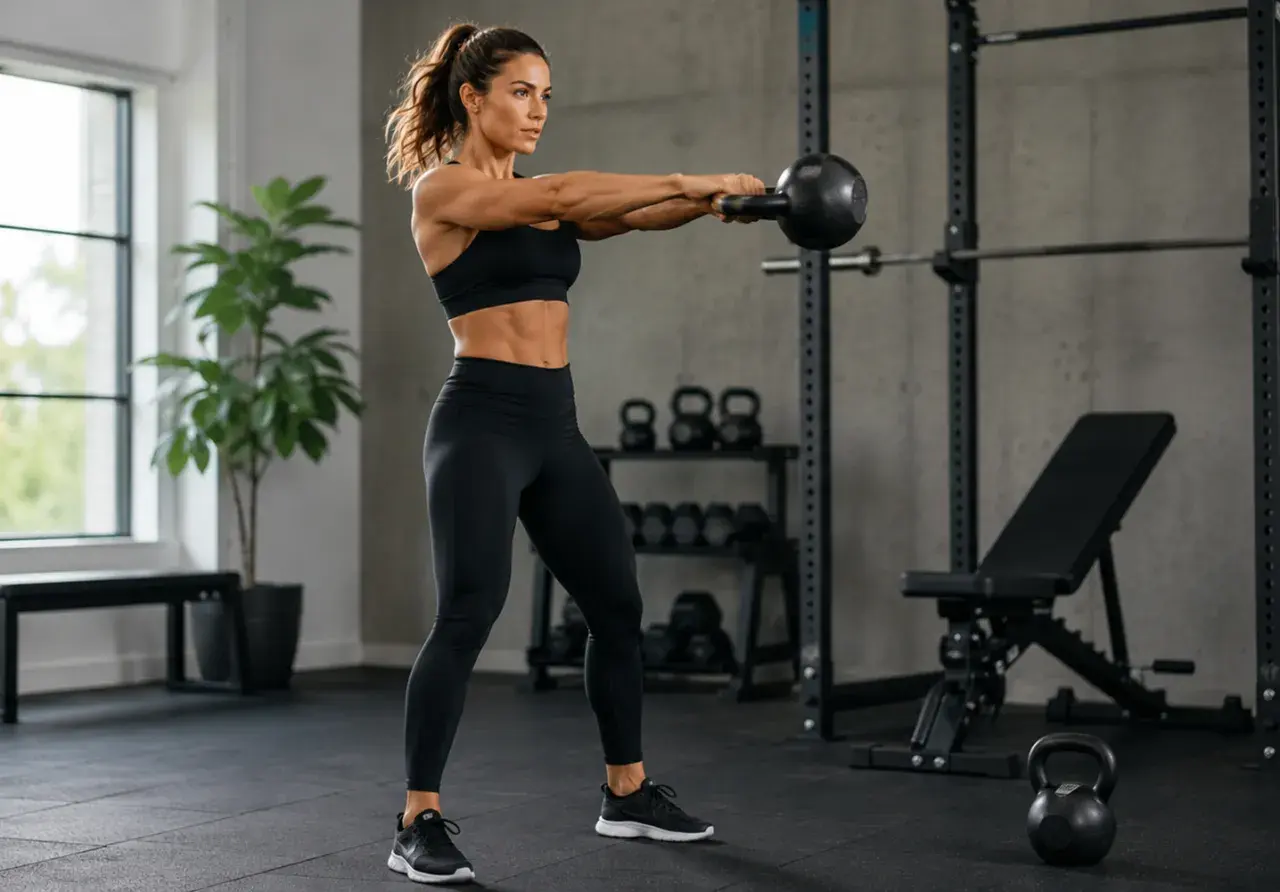 Kvinna utför en kettlebell swing som en del av sitt kettlebell program. Hon har en stark och tonad fysik.