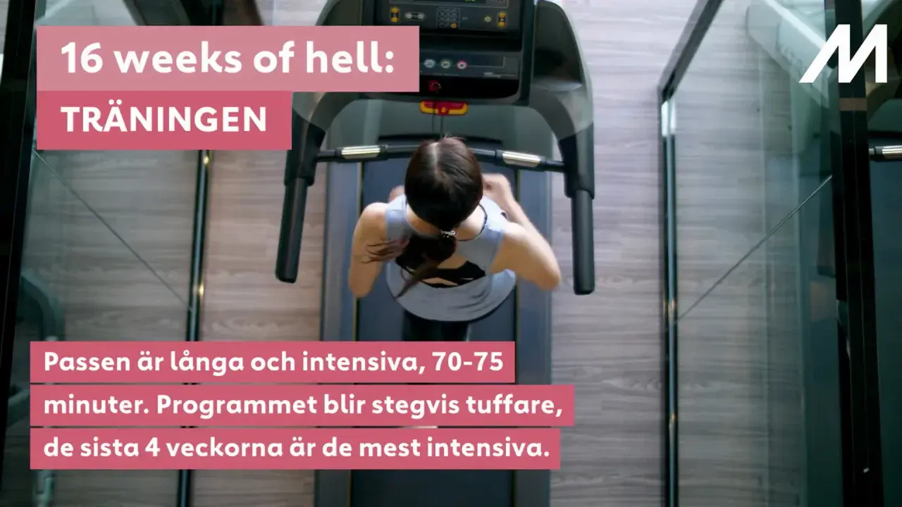 Kvinna springer på löpband under "16 weeks of hell" träningsprogram. Passen är långa och intensiva.
