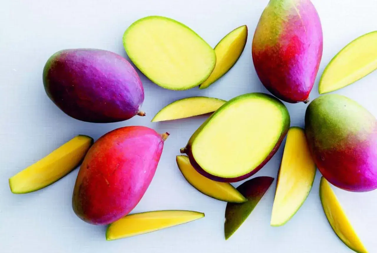 Härliga, färgglada mangos, både hela och skurna, visar hur mango nyttigt kan vara. Perfekt för en hälsosam fruktsallad.