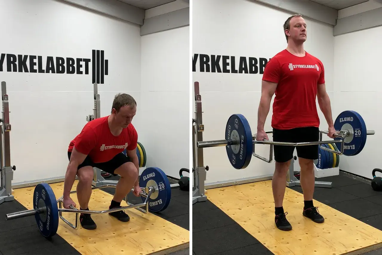 Man utför trapbar marklyft. Bilden visar övningen i start- och toppläget.