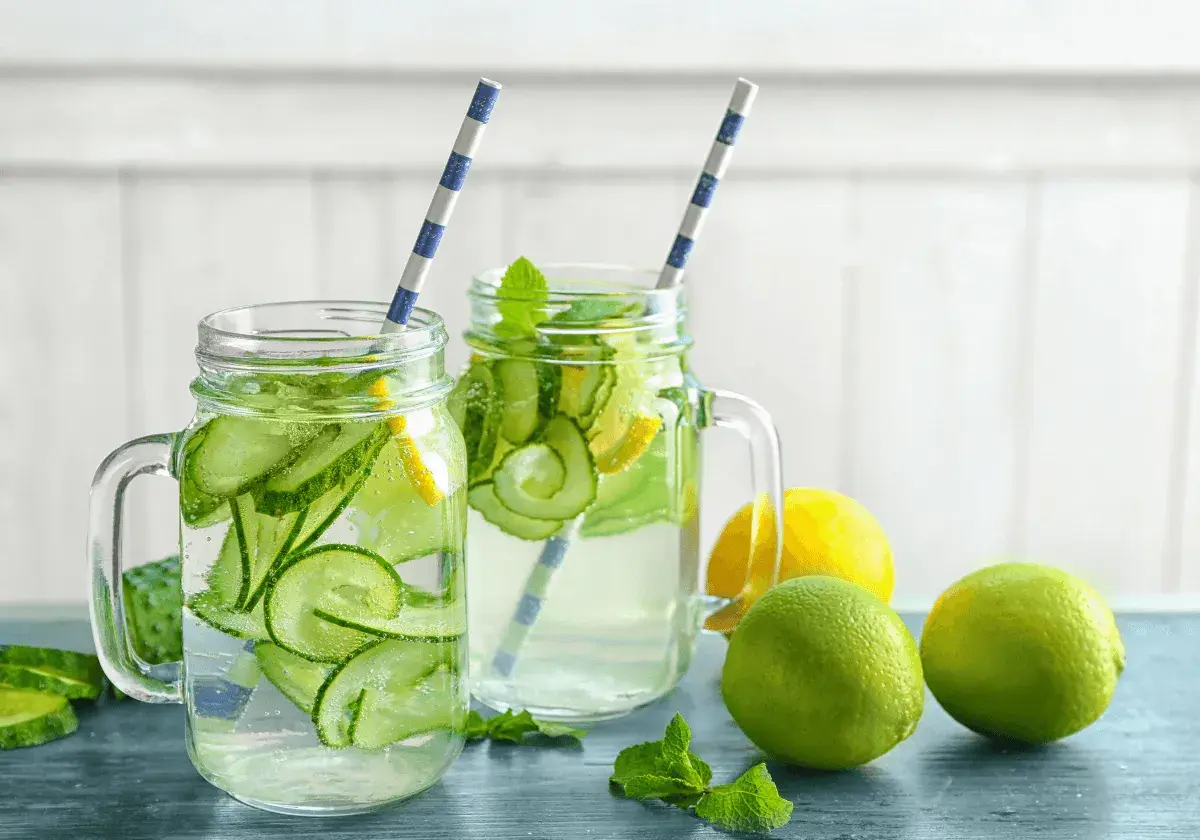 Två glas med gurka- och citronvatten, med citronvatten nackdelar i åtanke.