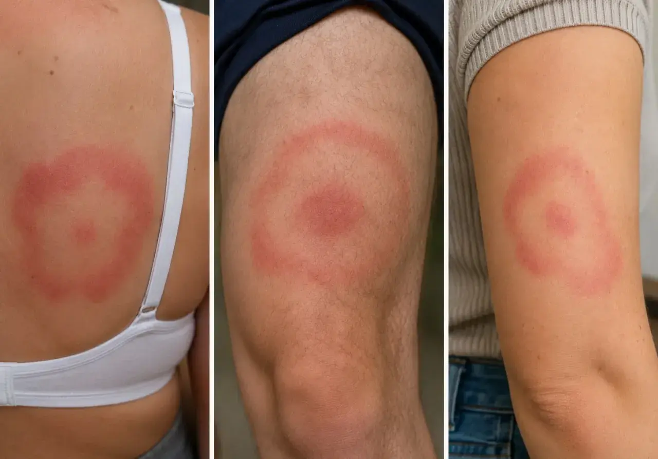 Tre bilder visar hudutslag med rodnad och ringformade mönster, typiska inflammation symtom.