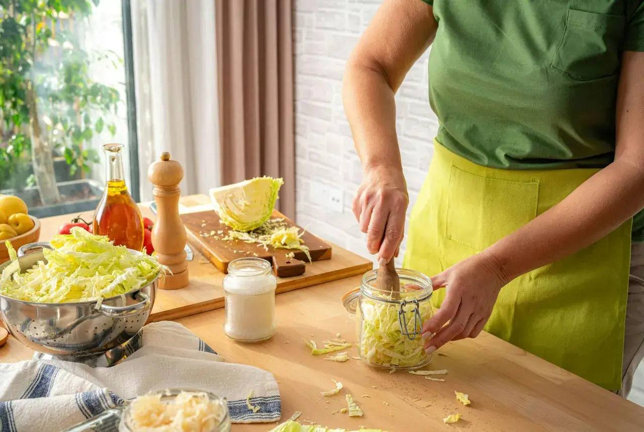 Person in green shirt and yellow apron packing shredded cabbage into a glass jar with a wooden tamper.