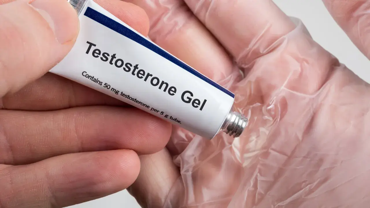 En hand håller en tub med testosterongel. Frågan "hur får man mer testosteron" kan besvaras med denna typ av behandling.