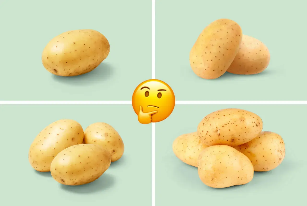 En tankfull emoji funderar över hur mycket potatis per person som behövs. Bilden visar en, två, tre och fyra potatisar i olika sektioner.
