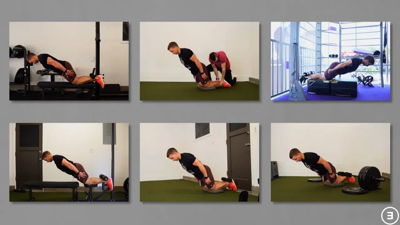 Man utför nordic hamstring curl på olika sätt, med eller utan assistans, för att stärka baksida lår.