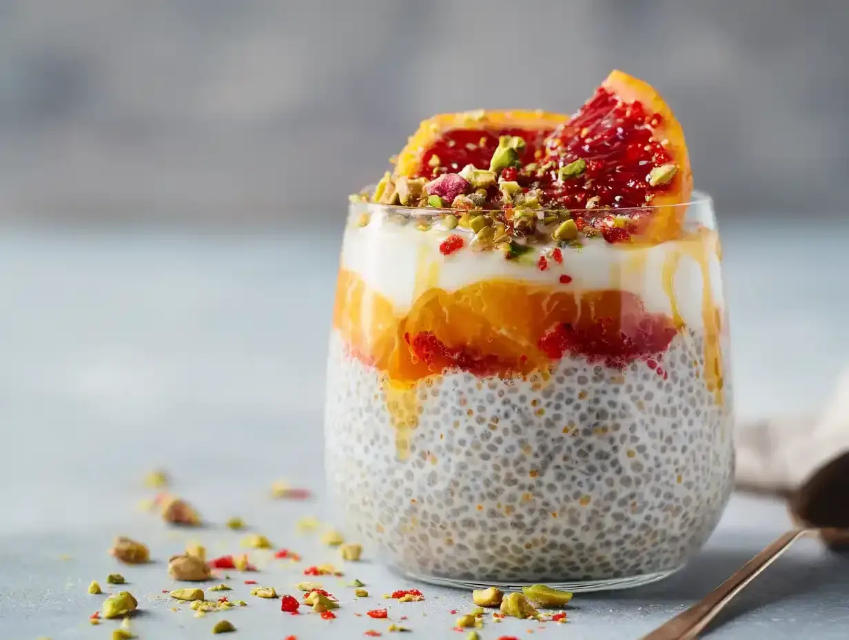 En läcker chiapudding med apelsin, blodapelsin och pistagenötter. Ett perfekt chiapudding recept för en hälsosam frukost eller mellanmål.