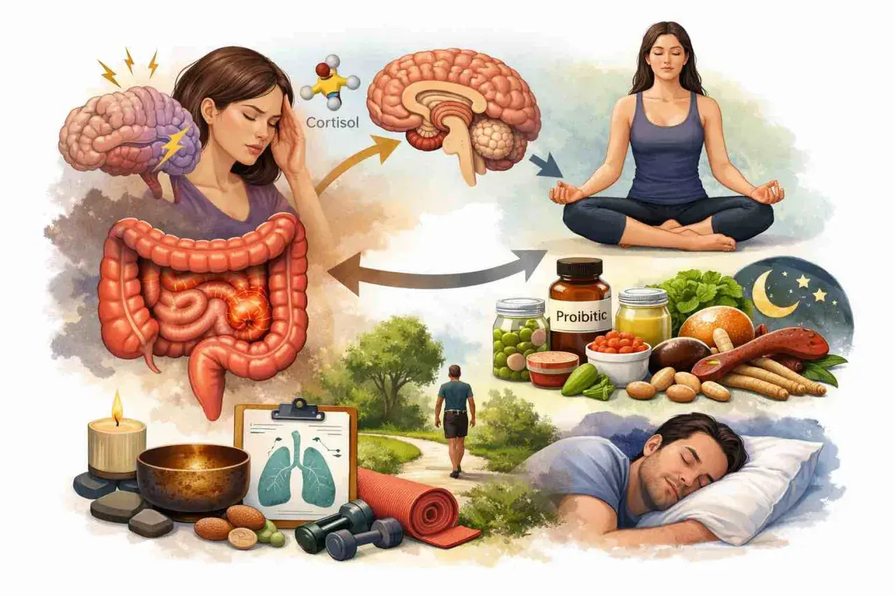Stress, ibs mage, och sömn påverkar varandra. Yoga, probiotika och träning kan hjälpa.