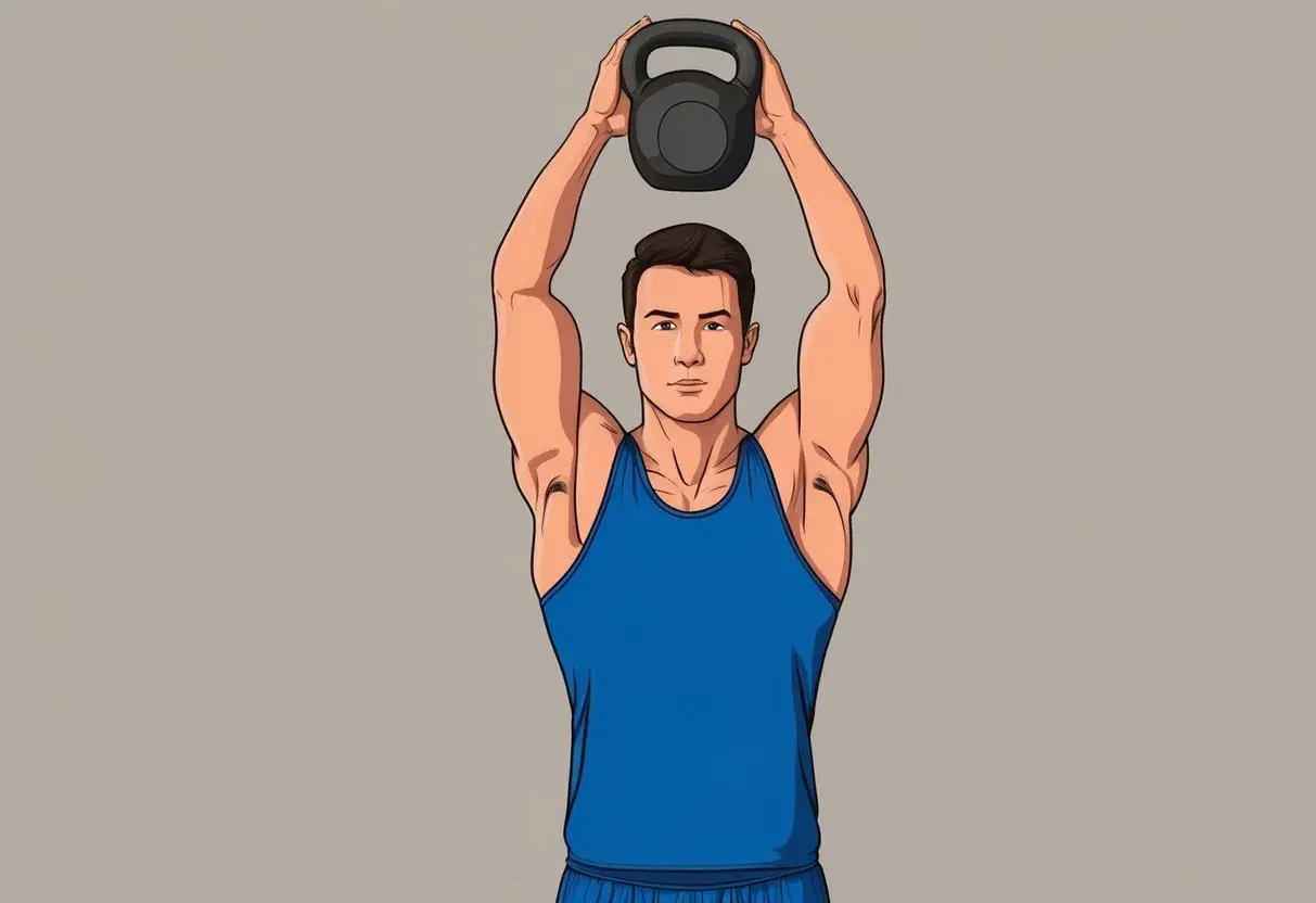 Man utför en kettlebell snatch med en kettlebell över huvudet.