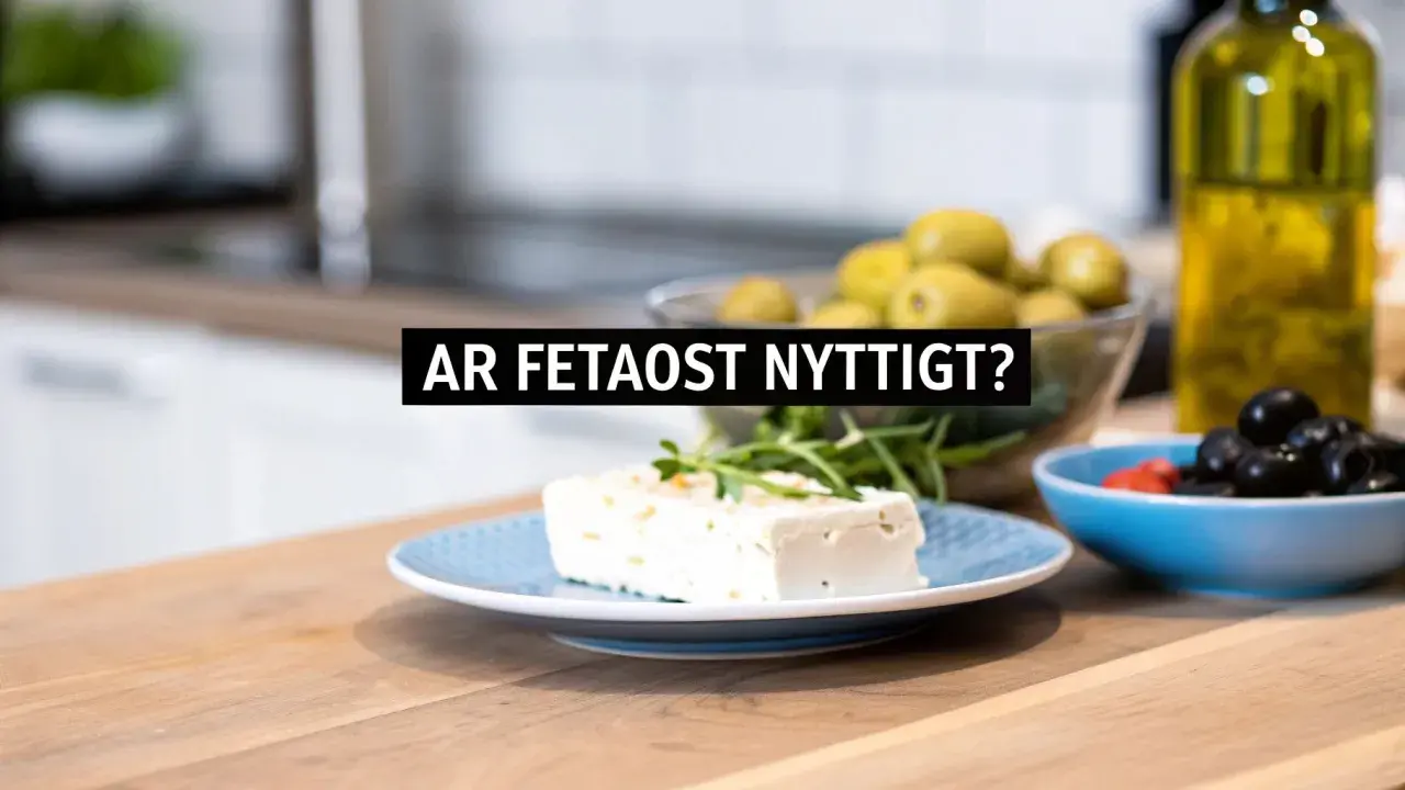 En bit fetaost på en blå tallrik, med oliver och olivolja i bakgrunden. Frågan "Är fetaost nyttigt?" visas i text.