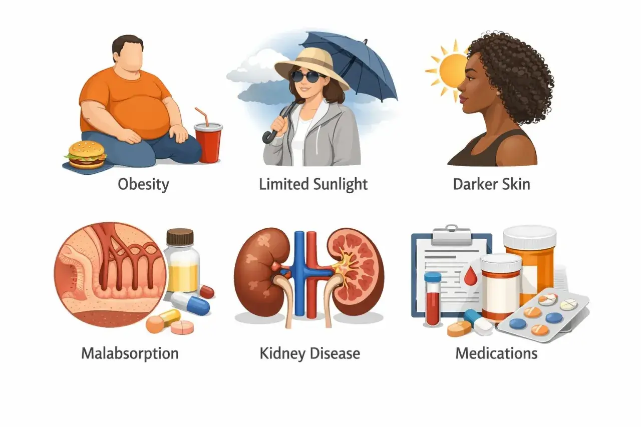 Illustrationer visar orsaker till d-vitaminbrist: fetma, lite solljus, mörk hud, malabsorption, njursjukdom och mediciner.