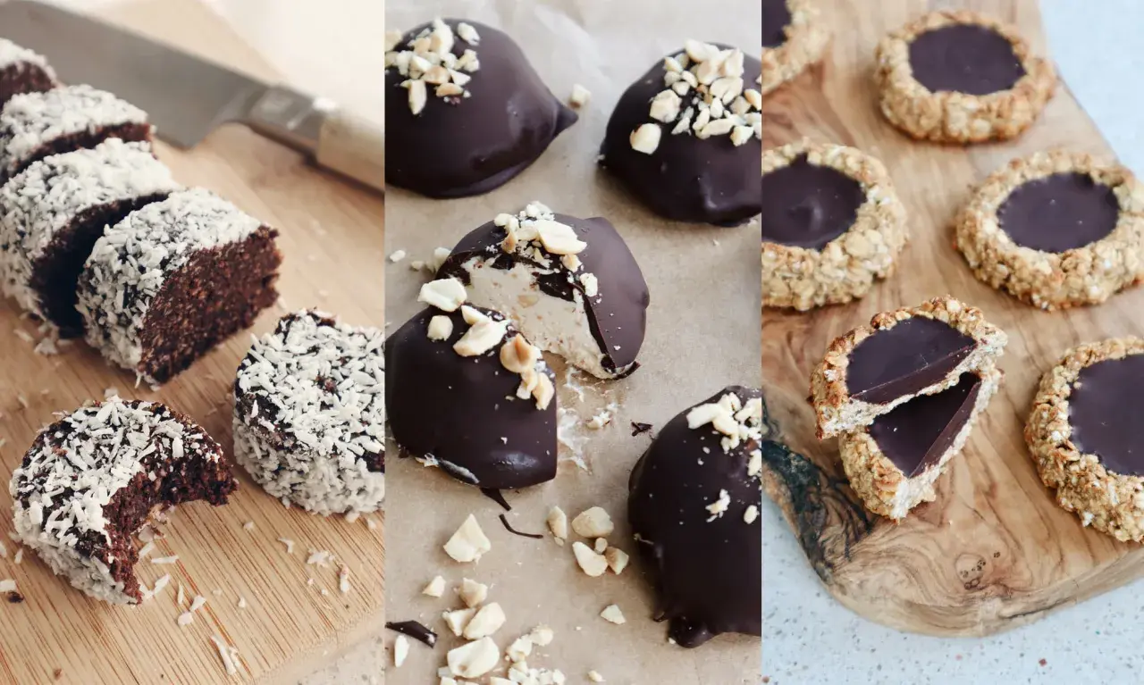 Tre sorters glutenfria godsaker: chokladbollar med kokos, chokladöverdragna bitar med nötter och havrekakor med chokladfyllning.