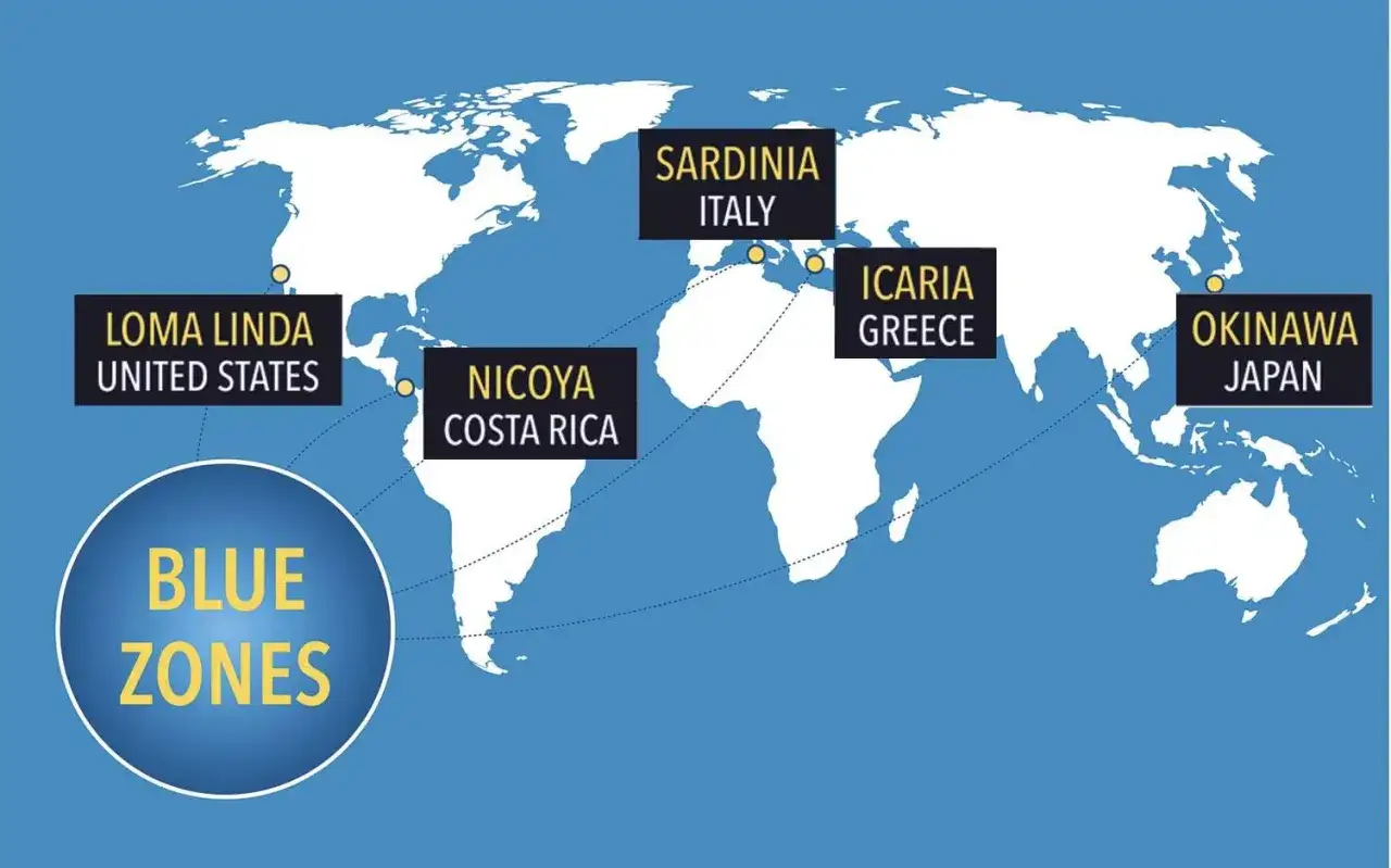 V&auml;rldskarta som visar bl&aring; zoner: Loma Linda (USA), Nicoya (Costa Rica), Sardinien (Italien), Ikaria (Grekland) och Okinawa (Japan).