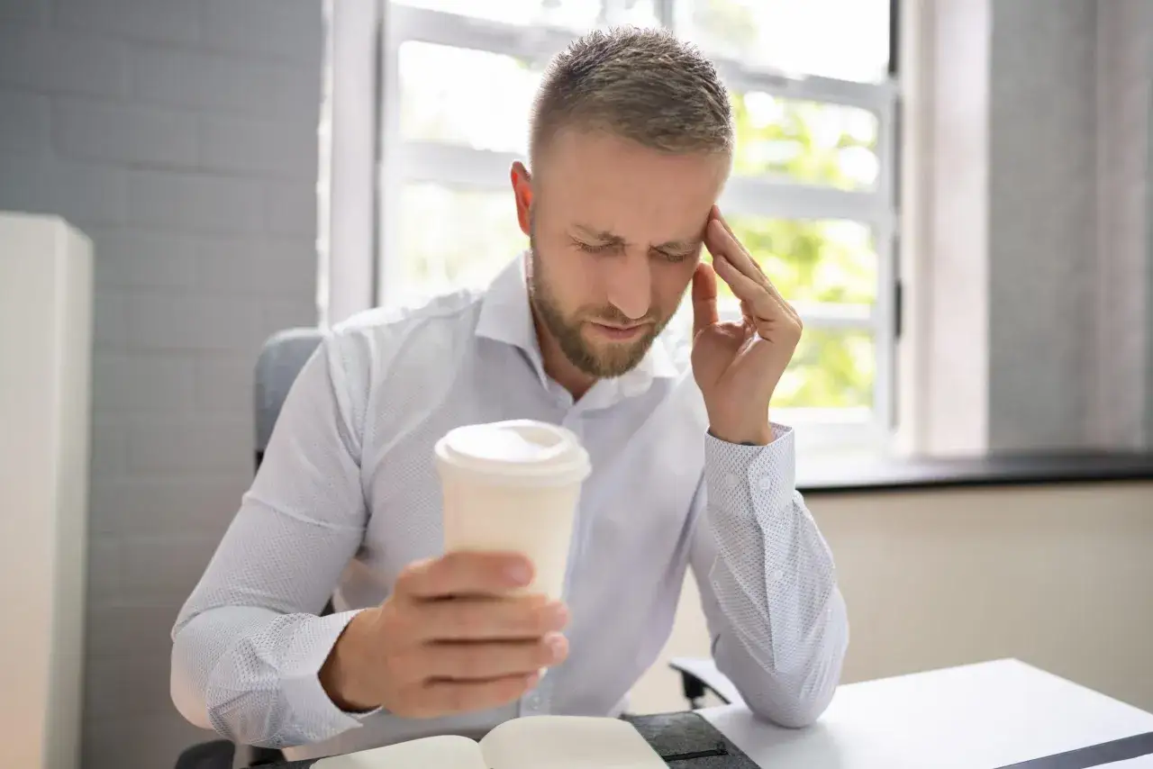 Man med huvudv&auml;rk h&aring;ller en kaffemugg, kanske upplever han sluta med kaffe biverkningar.