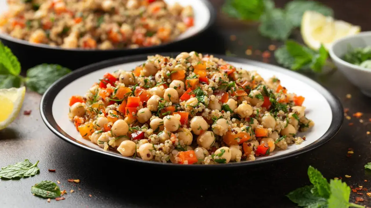 En fräsch kikärtssallad med bulgur, paprika och örter. En perfekt och bulgur nyttigt måltid.
